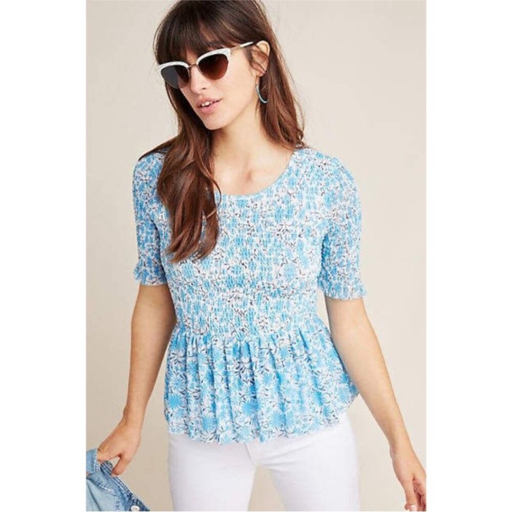Anthropologie✖️Maeve Ashton Smocked Peplum Top In Blue Motif XS